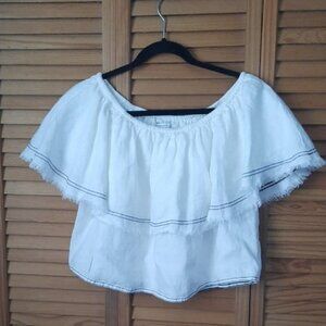 Zara Women Premium Denim Collection Off White Linen Off The Shoulder Crop Top M